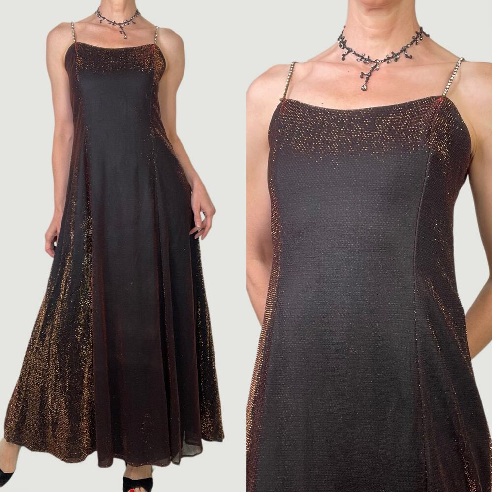 SOLD Scott McClintock copper metallic glitter prom dress maxi gown rhinestone - Picture 1 of 13